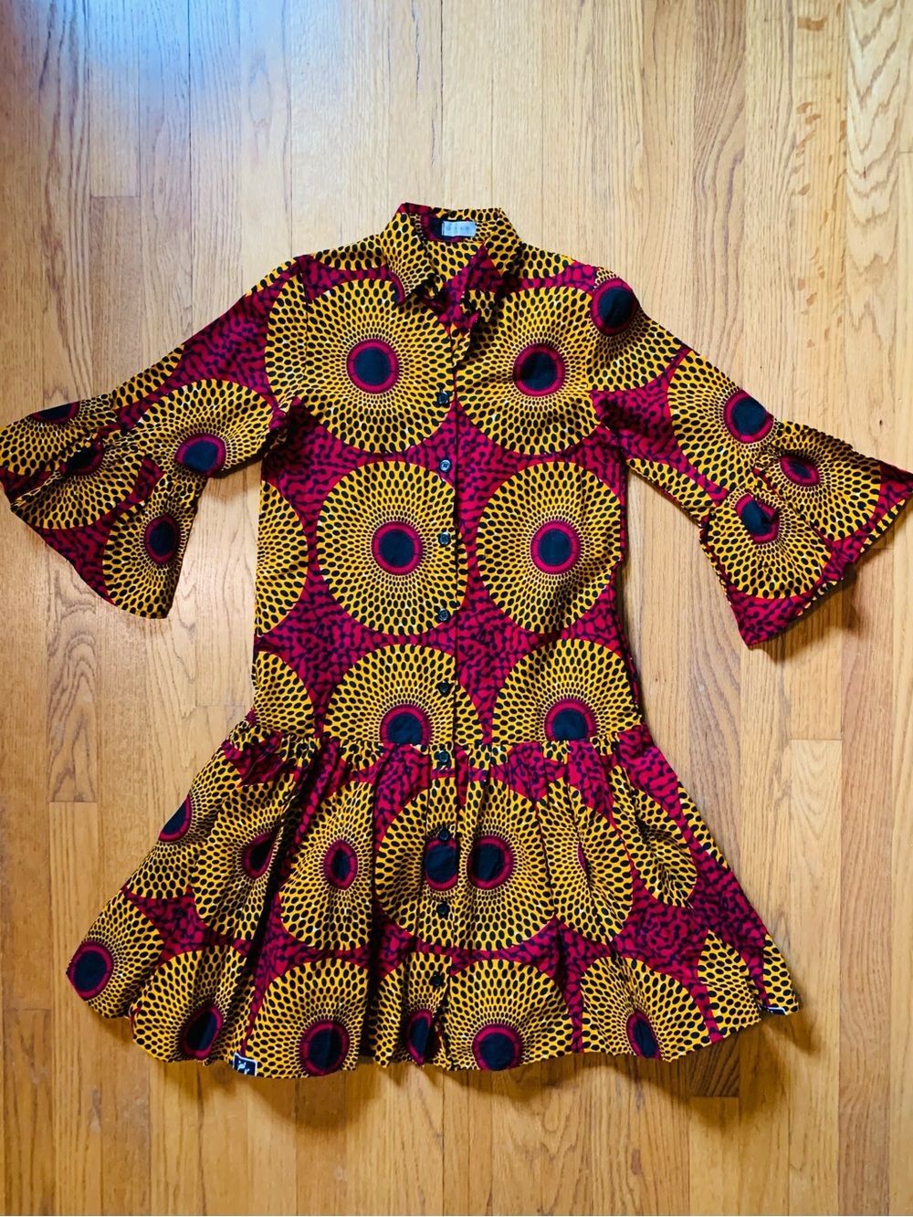 GRASS FIELDS Ankara African Print Dress Size 6 Red Orange Black Flounce Sleeves